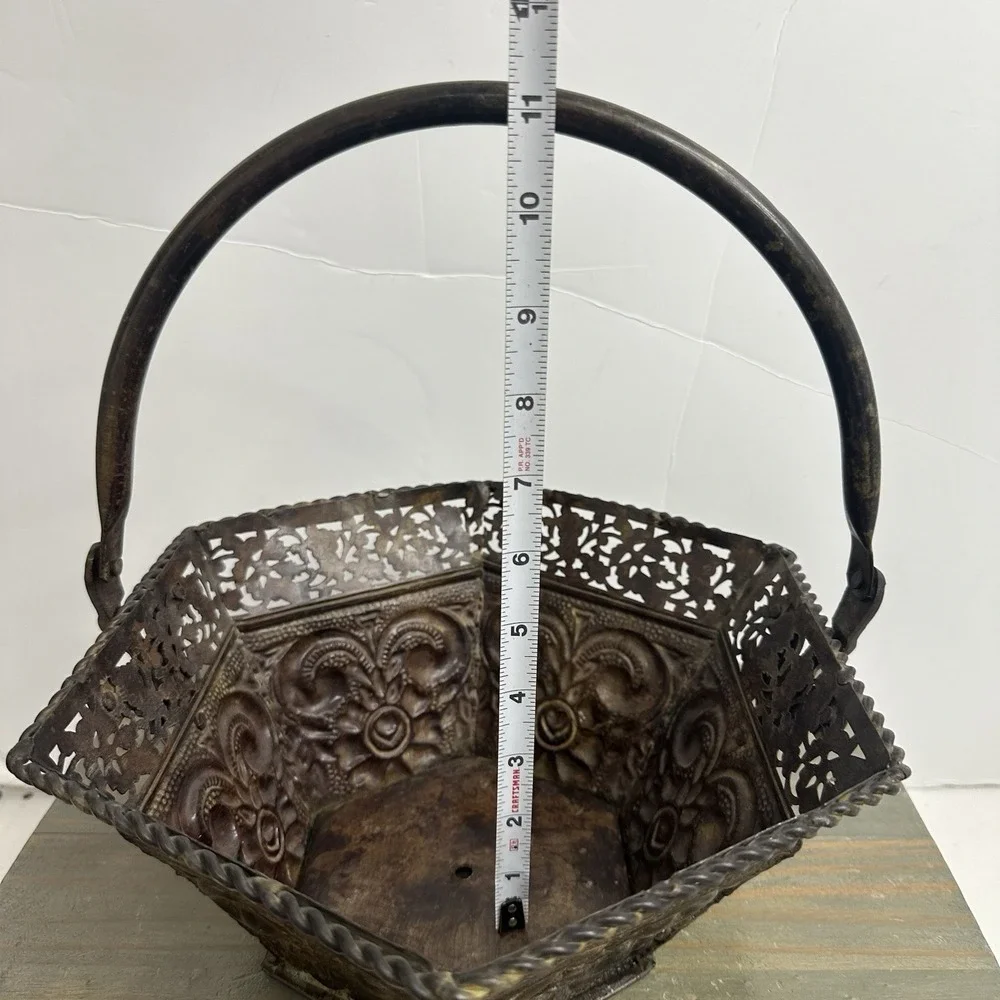 Vintage Antiqued Bronze Tone Metal Basket Ornate Swing Handle Fruit Wedding 10